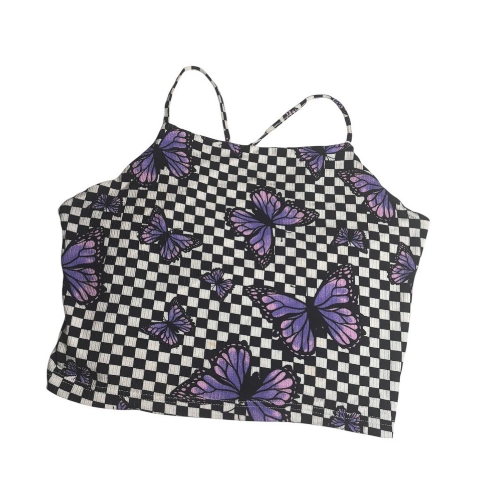 Rue21 Purple Butterfly Checkered Ribbed Crop Top Lace Up Back Cami Large